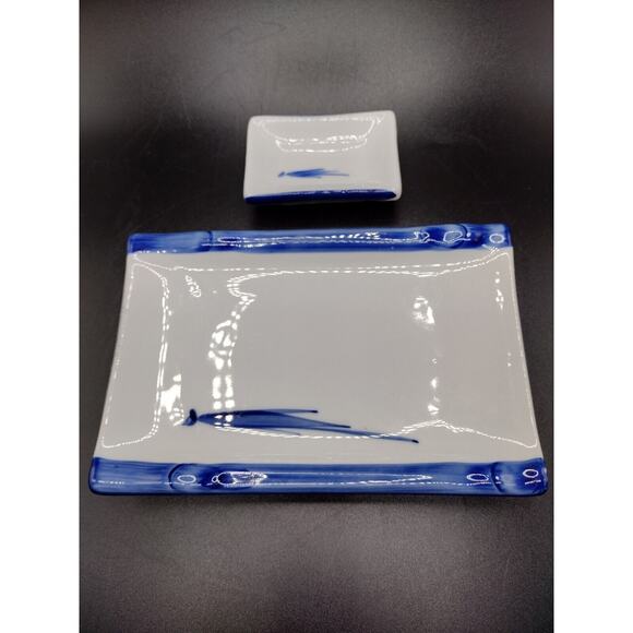 Japanese Traditional Porcelain Bamboo Plate Set Service of 4 ~ Blue & White - Picture 8 of 12